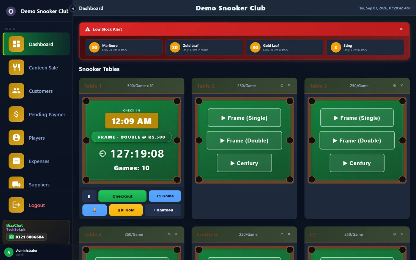 Snooker Manager — Snooker Manager — Live tables